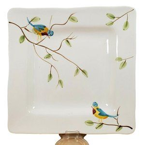 3 Pier1 Robin Square Dinner Plates 10.75" vintage handpainted birds stoneware